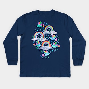 Spring Showers and Rainbow Birds on Navy Blue Kids Long Sleeve T-Shirt